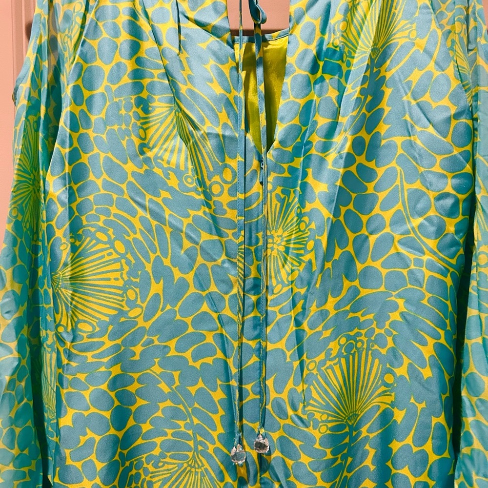*Lilly Pulitzer* Silk Chauncey Jeweled Blue and Green Open Shoulder Dress